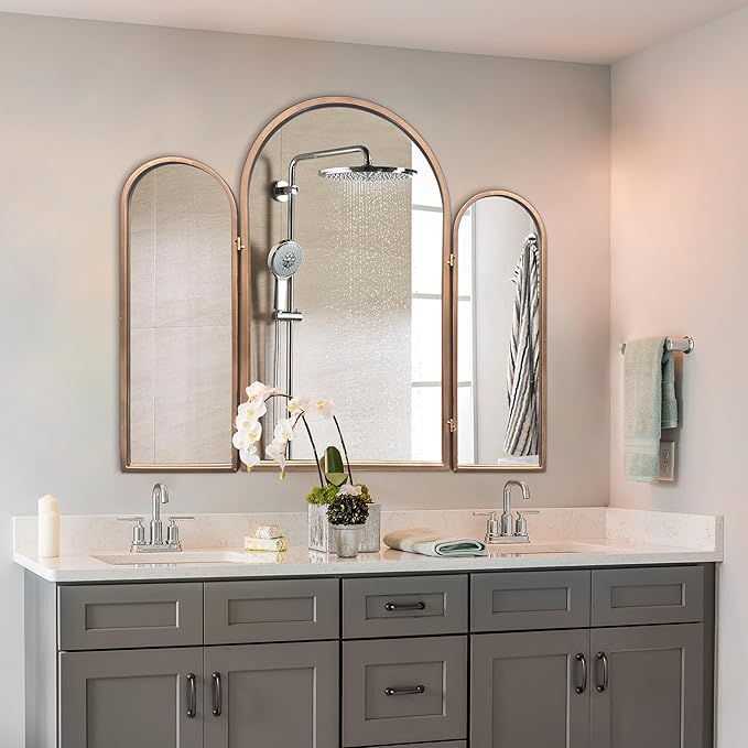 3 Way Mirror Bathroom, Trifold Vanity Mirrors for Bathroom Bedroom, Large Arch Mirrors Decorative Vintage Gold, Adjustable Makeup Mirror for Braiding Hair 360° Way Tabletop & Wall Mounted