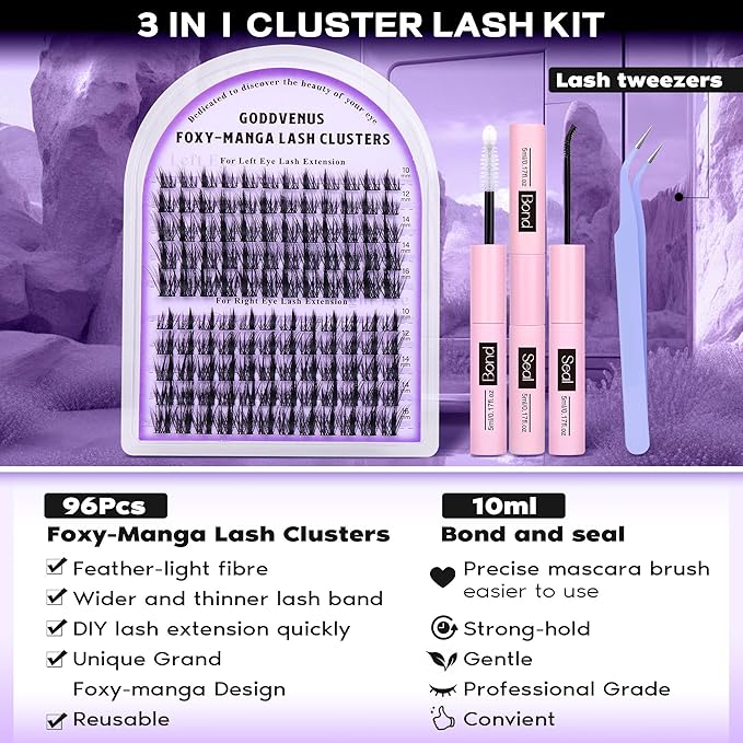 Manga Lash Cluster Kit Wispy Lashes Clusters Fluffy Eyelash Clusters Upturned Foxy Cluster Eyelash Extensions Kit D Curl Fairy Eyelash Extension Kit 10-16mm Individual Lashes Kit