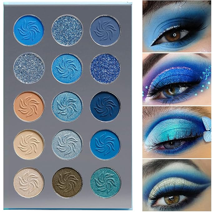 Afflano Blue Eyeshadow Palette Matte Shimmer, Highly Pigmented Waterproof Space Blue Eye Shadow Palette, Navy Silver Blue Glitter Eyeshadow Pallet for Christmas Snowflake Blue Eyes Makeup
