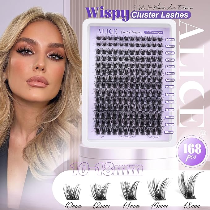 ALICE Lash Clusters Wispy Eyelash Clusters 168pcs 10-18mm Cluster Eyelash Extensions Natural Volume Lash Extensions DIY Individual Lashes Clusters with Soft Thin Band