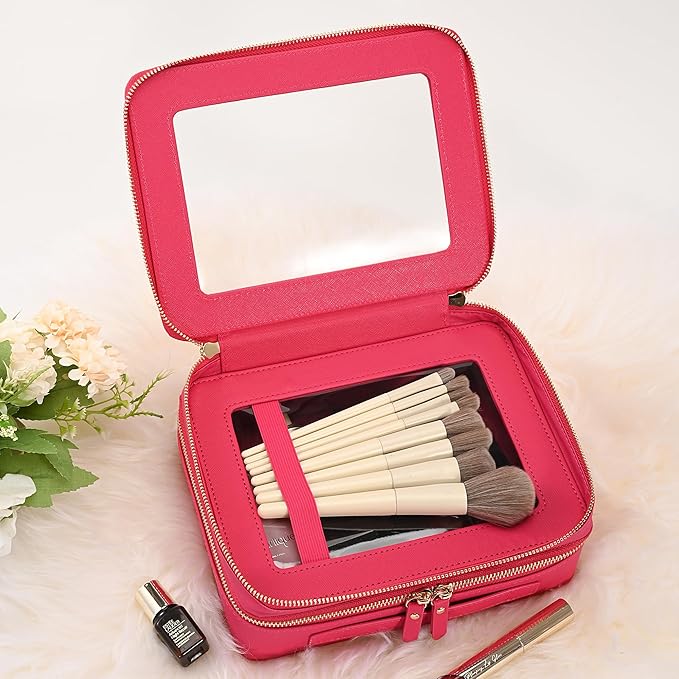 Aveniee Clear Makeup Bags, Double Layer Cosmetic Bags with a Separate Brush Compartment, Large Travel Toiletry Bag Train Case for Women, Travel Accessories Organizer(2 Layers Large, Hotpink)