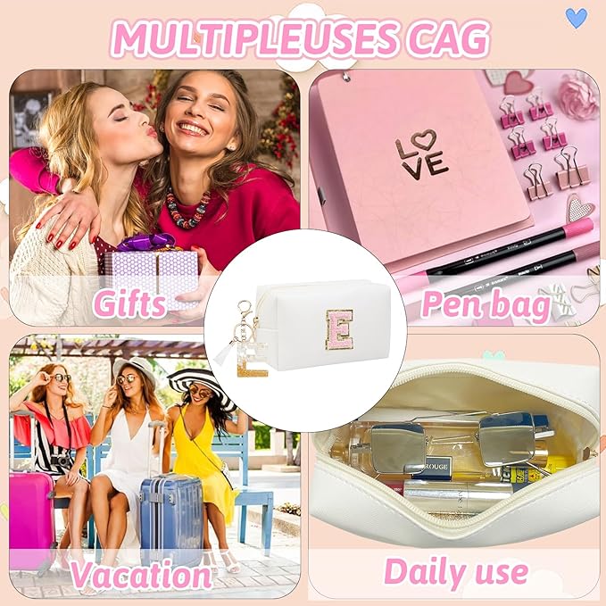 Birthday Gifts for Women Her,Travel Cute Makeup Bag,Large Capacity Cosmetic Bags for Women Makeup Pouch PU Leather Waterproof Cosmetic Bag (E, White)