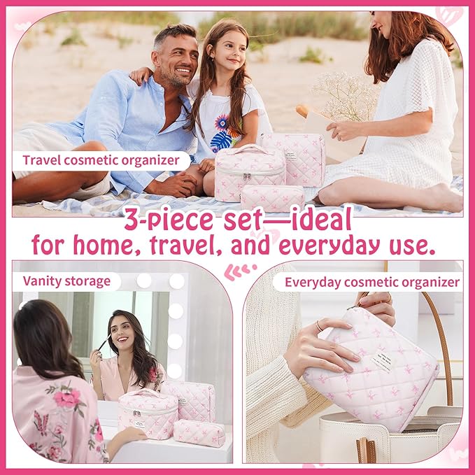 3 Piece Cute Bow Pink Quilted Makeup Bag Set, Large Capacity Travel Makeup Bags for Women and Girls, Includes Small, Medium, and Extra Large aesthetic makeup&Cosmetic Bags (3PCS-Pink SlimBow)