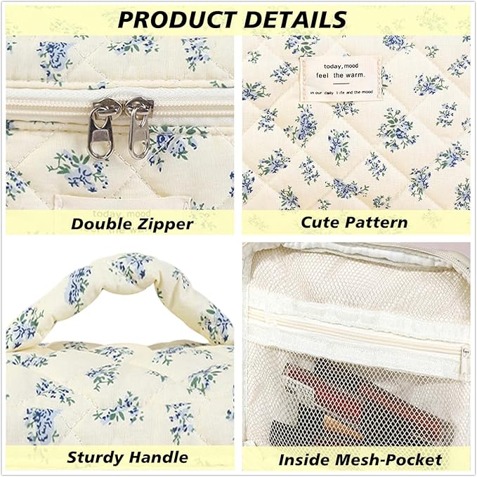 3 PCS Cosmetic Bag, Quilted Makeup Bag Set, Large Floral Cotton Make Up Bag for Women, Flower Travel Toiletry Organizer Bag, Coquette Makeup Pouch (Blue Flower)