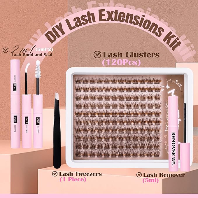 Brown Lash Cluster Kit Dark Brown Eyelash Clusters Gently Fluffy Individual Lashes Kit Natural DIY Lash Extensions Kit Wispy Cluster Eyelash Extensions Kit with Lash Bond and Seal Remover Tweezers
