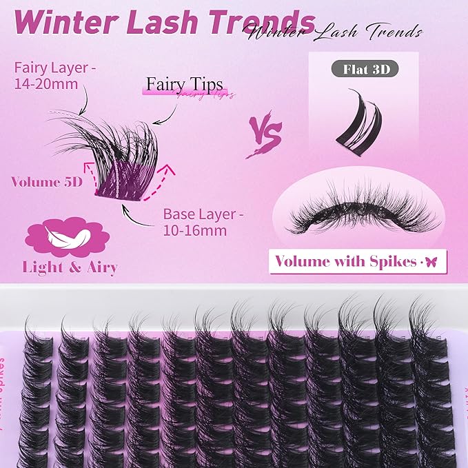 Lash Clusters Kit with Fairy Spikes, Volume Eyelash Clusters Wispy Lash Extension Kit 10-16mm DIY Full Look Cluster Eyelash Extensions Thick Lashes kit Spiky with Lash Cluster Glue by CORUSCATE
