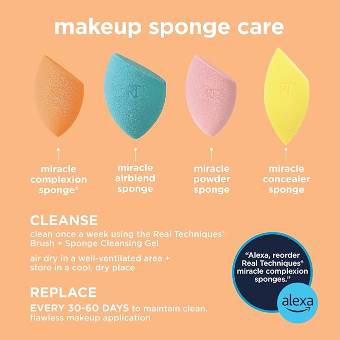 Real Techniques Miracle Complexion Sponge, Makeup Blending Sponge, For Liquid & Cream Foundation, Offers Light To Medium Coverage, Natural, Dewy Makeup, Orange Sponge, Latex-Free Foam, 1 Count
