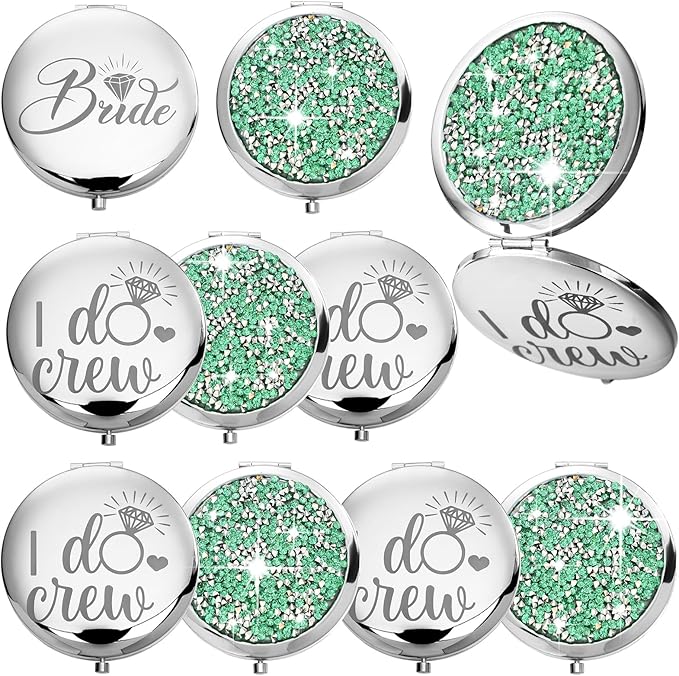 Barydat 10 Pieces Bridesmaid Gifts Set Magnifying Compact Mirror Bride I Do Crew Bridesmaid Proposal Gifts Travel Small Mirror for Purse Makeup Pocket Mirror for Women Wedding Party(Green)