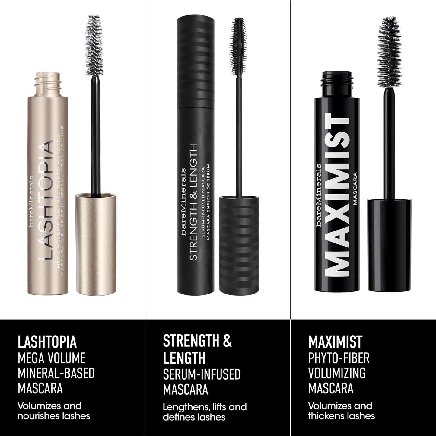 bareMinerals Lashtopia Mega Volume Mineral-Based Black Mascara, 10X More Volume, Whipped Mousse-Like Formula, Fanned-Out Fullness, Nourishes & Conditions Lashes, Clump- & Flake-Resistant, Vegan