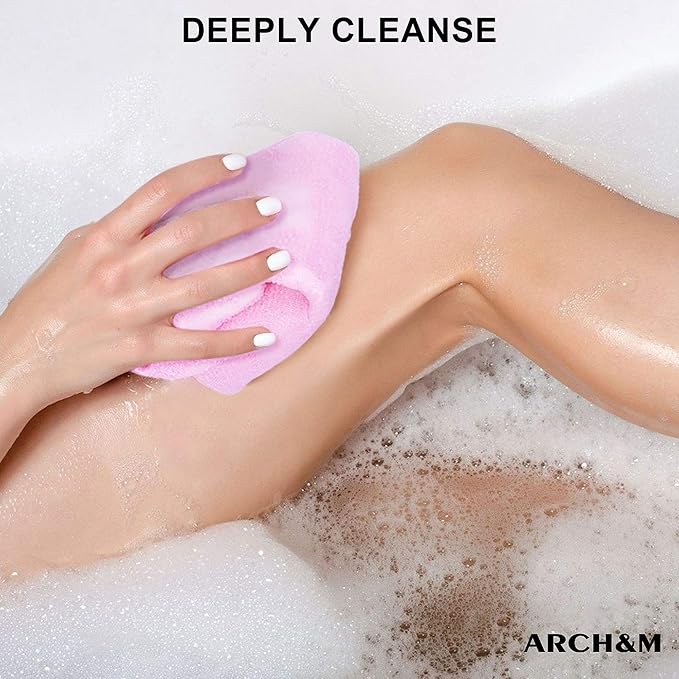 ARCH&M Exfoliating Washcloth Body Scrubber Back Scrubber for Shower Japanese Beauty Washcloth Bath Wash Cloth Korean Exfoliation Luffah Towel Net Sponge Loofah Body Scrub 3 Pack (Yellow x 3)