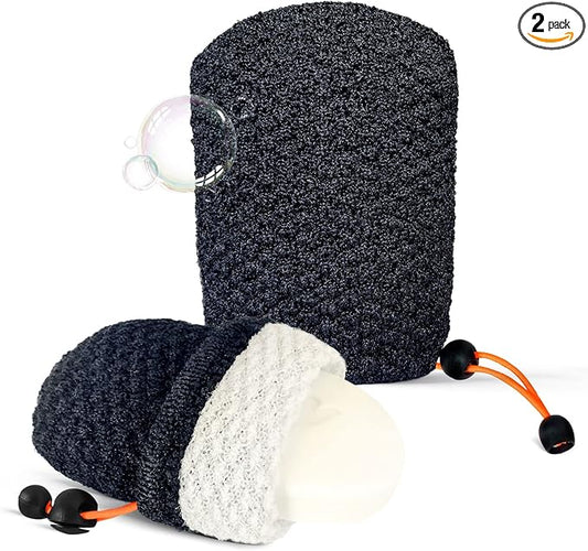 MIG4U Exfoliating Soap Bag for Shower 2 Pieces - Bar Soap Saver Pouch, Bamboo Body Scrubber Exfoliator Pocket in Travel Bathing, Black, Double Layer