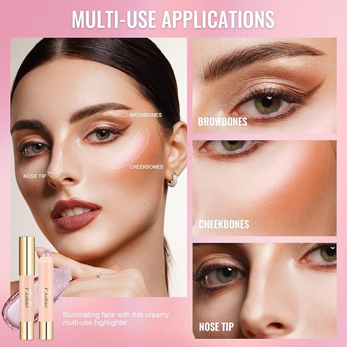 Oulac Face Highlighter Stick, Multi-use Cream Highlighter Makeup Stick, Face Highlighters & Luminizers, No Caking or Dragging, Metallic Finish, Vegan & Cruelty-Free, H3 Rosé