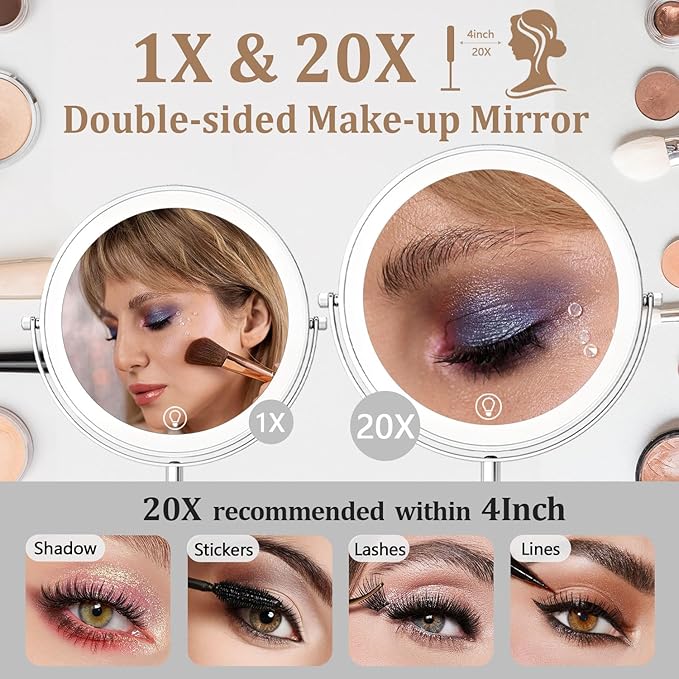 9in Vanity Mirror with Lights, Rechargeable 5000mAh Lighted Makeup Mirror, 1X/20X Double Sided Magnifying Mirror, 360° Rotate, 3 Color Lights, Up to 3800lux with 60 LEDs, Brightness Adjustable,Silvery