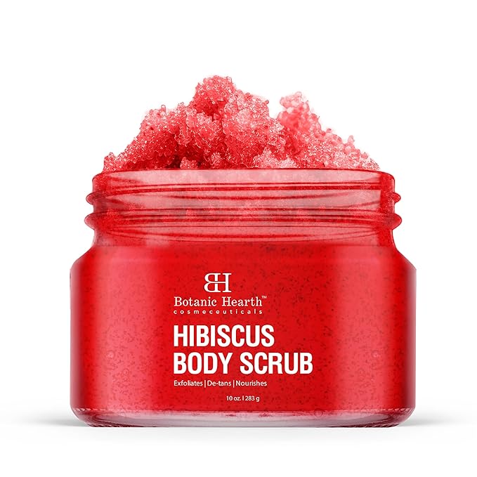 Botanic Hearth Hibiscus Body Scrub Exfoliator | Hydrating Raw Sugar Body Scrub | Natural Body Scrub for Skin Care, Stretch Marks, Acne & Cellulite, Eczema, Age Spots & Varicose Veins | 10 oz