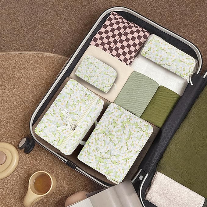 4Pcs Quilted Makeup Bag Set Cute Floral Cosmetic Bag Cotton Coquette Make up Bag Aesthetic Travel Toiletry Bag for Women Girls