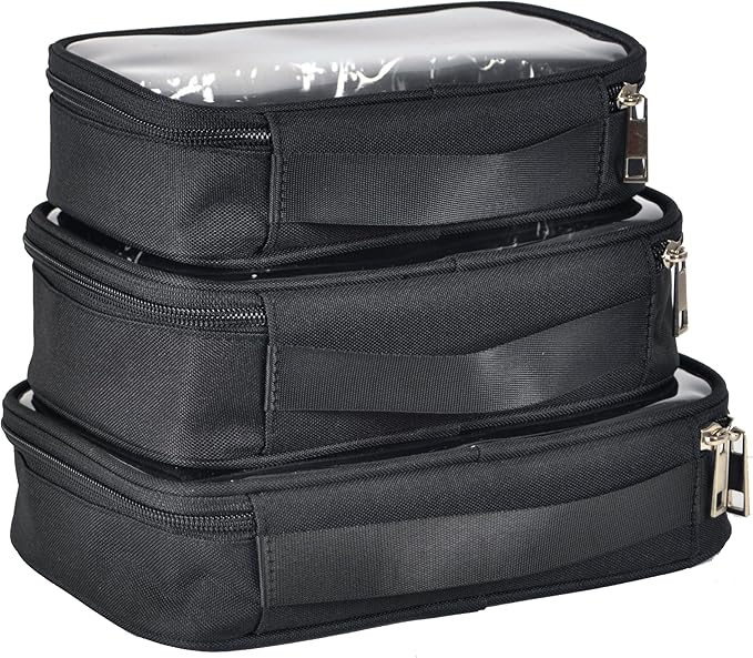 3pcs Pack TSA Approved Travel Pro Beauty Makeup Kits Cosmetic Organizers Case Clear Utility Pouch Combo Set Bag with Zipper & Handle (Black)