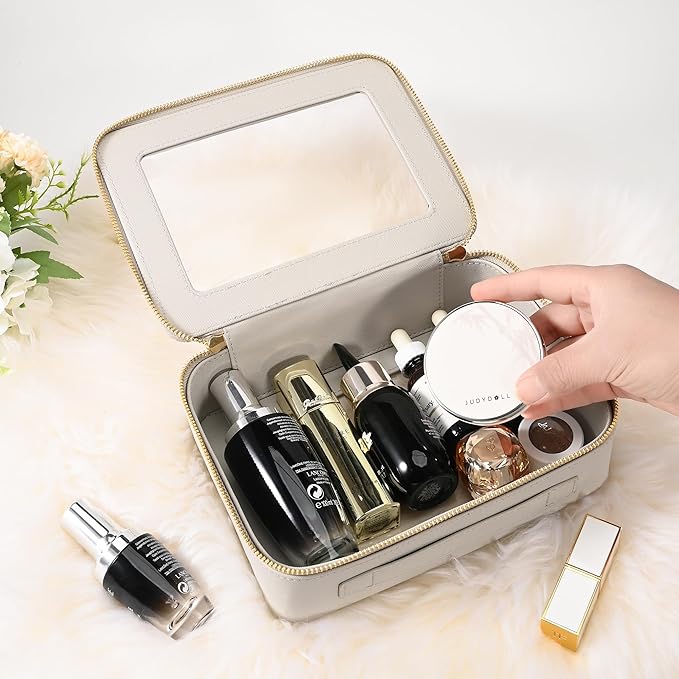 Aveniee Clear Makeup Bag for Women, Large Cosmetic Case Travel Toiletry Bag, Heavy Duty Makeup Organizer with Clear Windows & Gold Zippers(Grey)