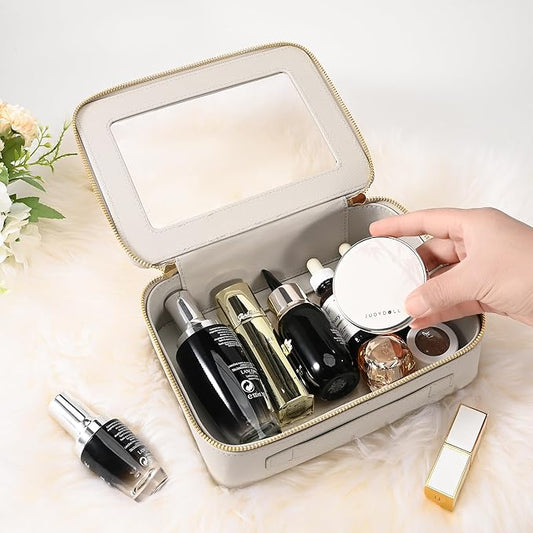 Aveniee Clear Makeup Bag for Women, Large Cosmetic Case Travel Toiletry Bag, Heavy Duty Makeup Organizer with Clear Windows & Gold Zippers(Grey)