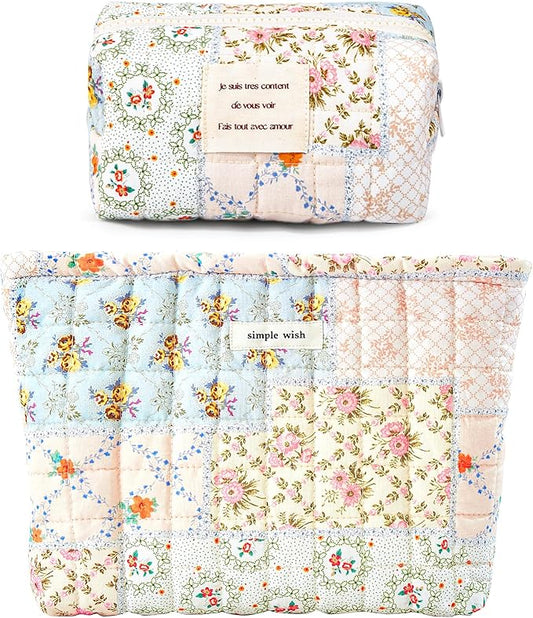 2 Pieces Floral Makeup Bag, Cute Travel Quilted Pouch Cosmetic Bag Organizer, Small Cotton Coquette Aesthetic Purse Toiletry Bag for Women Girls accessories (Blue Flower-2PCS)