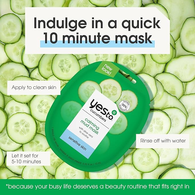 Yes To Cucumbers Calming Mud Mask with Aloe Vera for Sensitive Skin, for Men, Women and Teens, No Paraben, 3 Pack