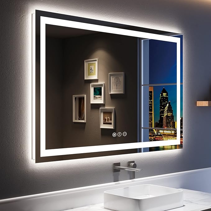 55x36 Inch LED Bathroom Mirror with Lights Front and Backlit Lighted Vanity Mirror for Bathroom Wall with 3 Colors Dimmable Anti-Fog Memory Shatter-Proof IP54 Waterproof Horizontal/Vertical
