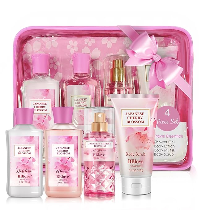 Bath and Body Gift Set for Women & Girls, Japanese Cherry Blossom, 4PCS Set for-Shower Gel, Body Lotion, Body Mist, Exfoliating Scrub, Body Care Set