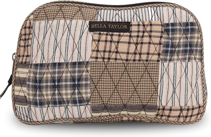 Bella Taylor Large Quilted Cotton Makeup Pouch for Women, Travel Cosmetic Bag, Quilted Cotton Ashmont Tan, Grey and Cream Patchwork