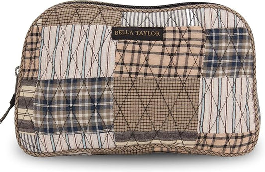 Bella Taylor Large Quilted Cotton Makeup Pouch for Women, Travel Cosmetic Bag, Quilted Cotton Ashmont Tan, Grey and Cream Patchwork