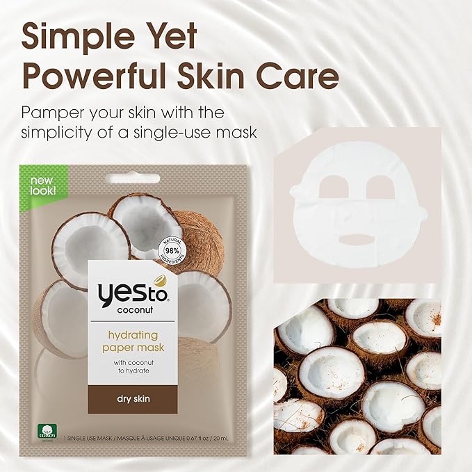 Yes To Coconut Hydrating Paper Mask with Coconut to Hydrate Dry Skin, for Men, Women and Teens, No Paraben, 3 Pack