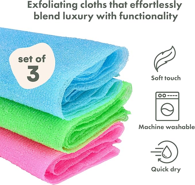 TranquilBeauty Exfoliating Towel Set of 3 - Soft, Quick-Dry Scrub Towels for Body (Not for Face) | Deep Cleanse | Machine Washable | Korean Exfoliating Cloth | 36x12 Inches - Green, Blue, Pink