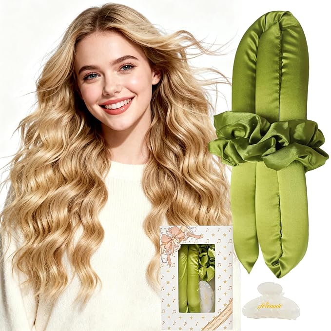 Serenade Satin Heatless Curls Overnight for Long Hair, Heatless Hair curler for Women and Girls, No Heat Curling Rods with Satin Scrunchies and Clip, Green