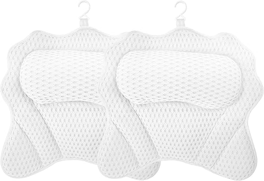 Bath Pillow, Ergonomic Luxury Bathtub Pillow for Tub Head,Neck, Shoulder and Back Support, Headrest with Soft 4D Mesh Fabric and 6 Strong Non-Slip Suction Cups, 2 Pack (White)