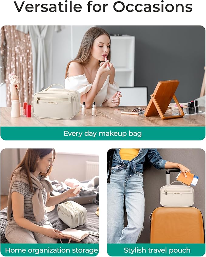 BAGSMART Travel Makeup Bag, Make Up Bag with Multiple Compartments for Organizer, Durable & Compact Cosmetic Organizer for Women for Travel Accessories (Beige)