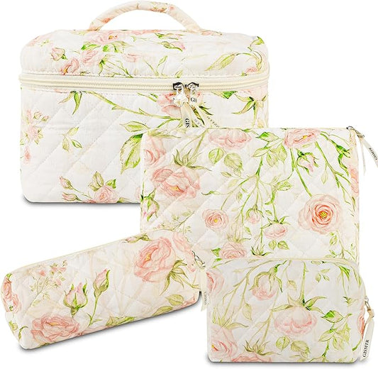 4Pcs Quilted Makeup Bag Set Cute Floral Cosmetic Bag Cotton Coquette Make up Bag Aesthetic Travel Toiletry Bag for Women Girls