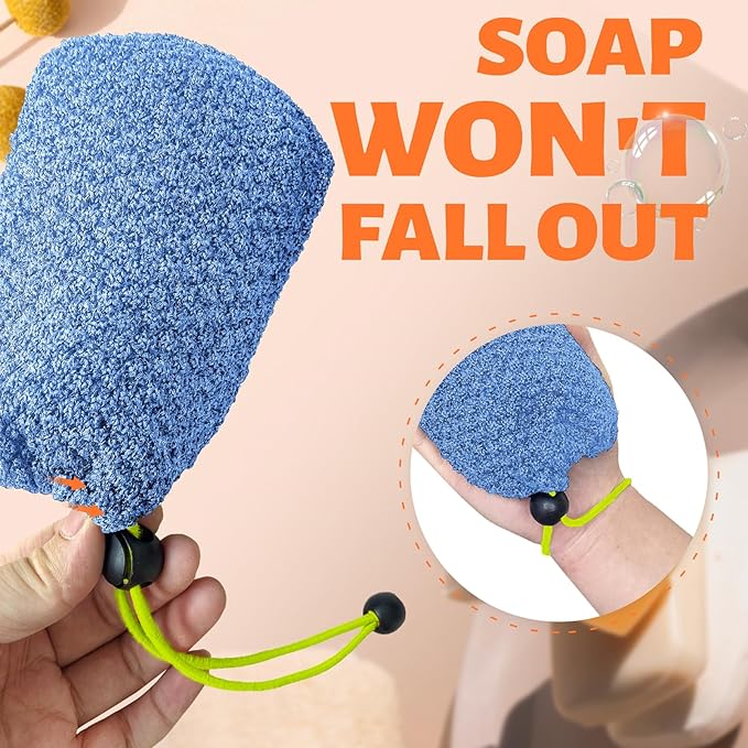 MIG4U Exfoliating Soap Bag for Shower 2 Pieces - Bar Soap Saver Pouch, Bamboo Body Scrubber Exfoliator Pocket in Travel Bathing, Blue