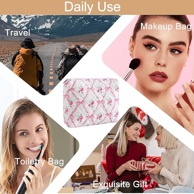 Makeup Bag Travel Cosmetic Bag for Women Girls, Zipper Make Up Pouch, Floral Flowers Toiletry Organizer Makeup, Portable Storage Cosmetic Travel Cloth Bag (L/Pink Bowknot)