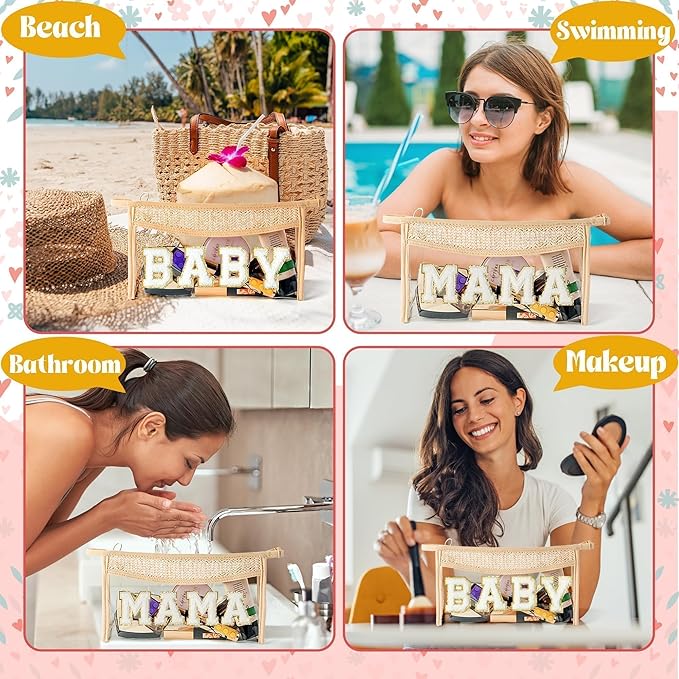 Boho Patch Cosmetic Bag, Mother's Day MAMA BABY Chenille Varsity Letter Travel Toiletry Makeup Bag Summer Beige Clear Waterproof Makeup Pouch PVC Zipper Clutch Daily Use Purse for Mom Women