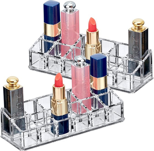 Amazing Abby - Glamour - 2-Pack 12-Slot Acrylic Lipstick Organizer, Lipstick Holder, Lip Gloss Holder, Cosmetic Storage Display, Perfect Storage Solution for Drawer and Vanity (Slot Size: 0.9" x 0.9")