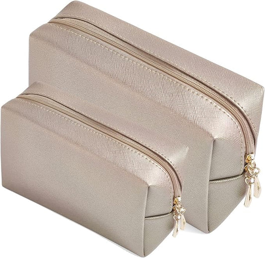 2pcs set PU Leather Cosmetic Bag for Women Minimalism Makeup Bag for Daily Use Portable Storage Purse Small Neat Cosmetic Pouch Water-resistant Toiletry Bag for Travel (Coffee)