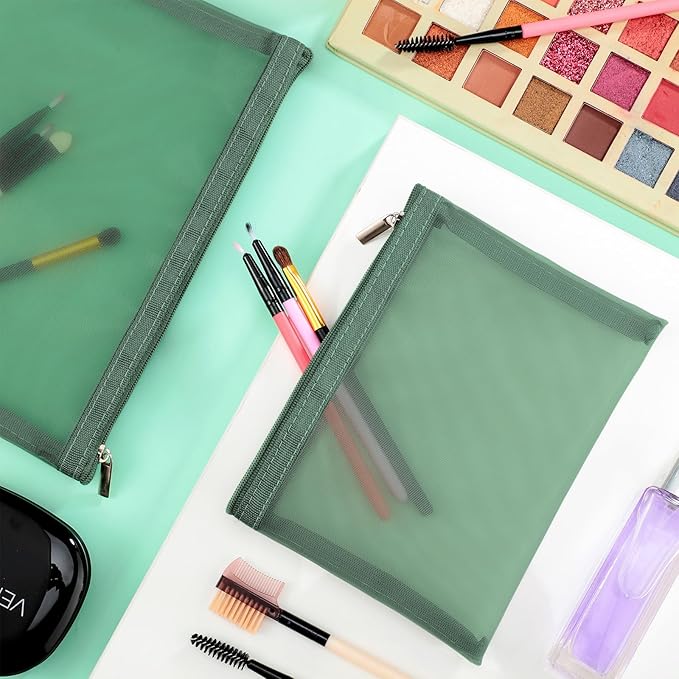 6 Pieces Mesh Makeup Bags Mesh Cosmetic Bag Portable Travel Organizing Zipper Pouch Toiletries Makeup Pouches for Home Office Travel Accessories (Green)