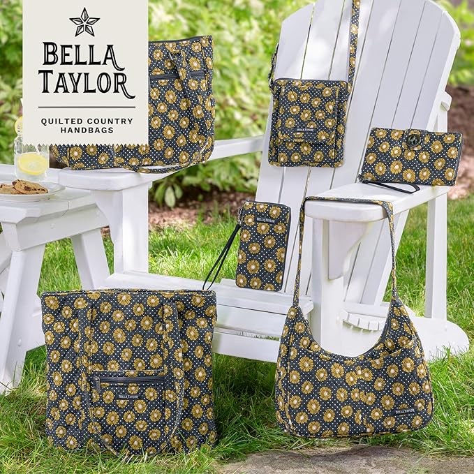 Bella Taylor Large Quilted Cotton Makeup Pouch for Women, Travel Cosmetic Bag, Quilted Cotton Dotted Daisy Charcoal Floral