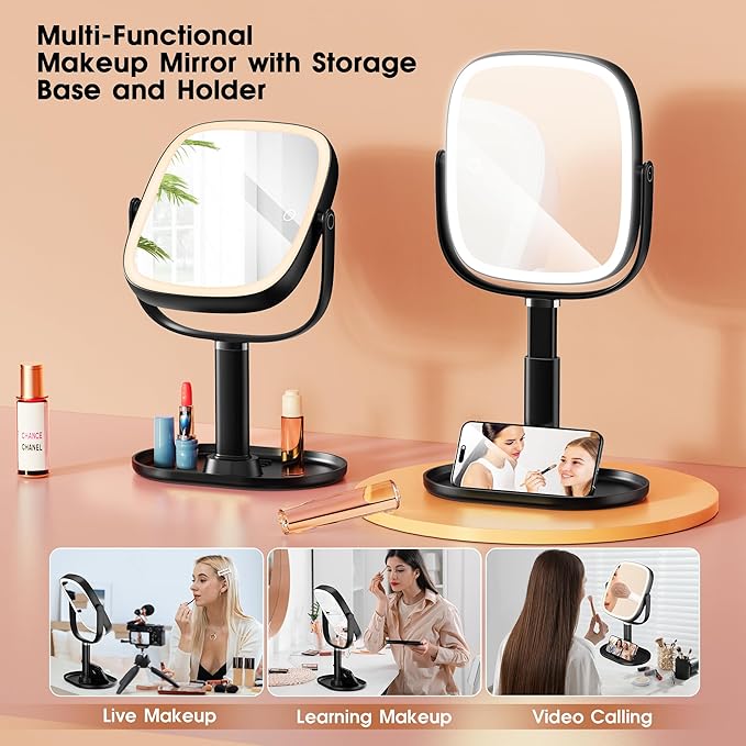 Makeup Vanity Mirror with Lights - 10x/1x Magnifying Mirror with Light, Rechargeable Desk Mirror with 3-Color Lighting & Memory Function, 360° Adjustable Table Mirror, Gift for Women (Black)
