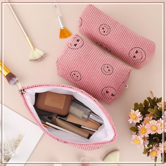 3 Pcs Makeup Bag Set for Women Corduroy Cosmetic Pouch Aesthetic Smile Travel Toiletry Bag Cute Purse Pouch Pencil Case Makeup Brushes Storage Organizer for Christmas(Pink,Smile Face)