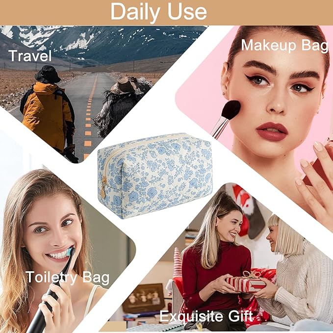 Makeup Bag Travel Cosmetic Bag for Women Girls, Zipper Make Up Pouch, Floral Flowers Toiletry Organizer Makeup, Portable Storage Bag, Cosmetic Travel Cloth Bag (2 Pack (L+S)/Blue Floral)