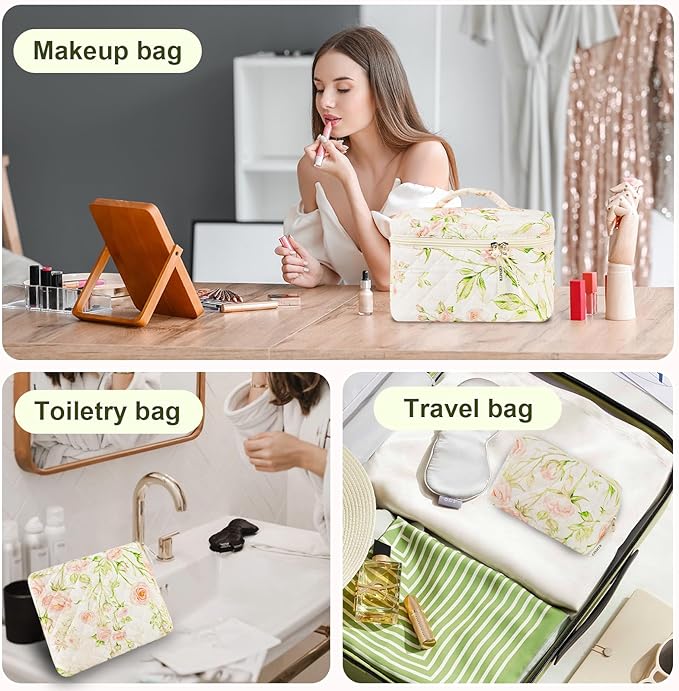 4Pcs Quilted Makeup Bag Set Cute Floral Cosmetic Bag Cotton Coquette Make up Bag Aesthetic Travel Toiletry Bag for Women Girls