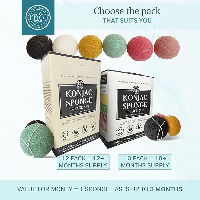 Bare Essentials Living - Konjac Sponges Set (10 Pack) with Activated Bamboo Charcoal Facial Sponge, Natural, Great for Facials, Bath, and Exfoliating Body Sponge