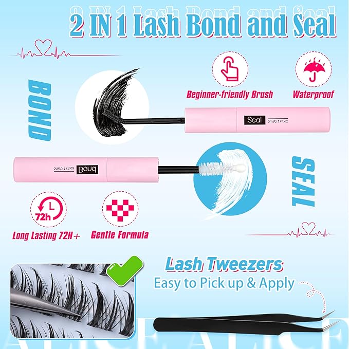 ALICE Natural Lash Clusters Kit Cluster Eyelash Extension Kit Left & Right Fluffy Wispy DIY Lash Extension Kit 144pcs 3D Anime C-Curly Eyelash Clusters Kit with Lash Glue Bond and Seal and Tweezers