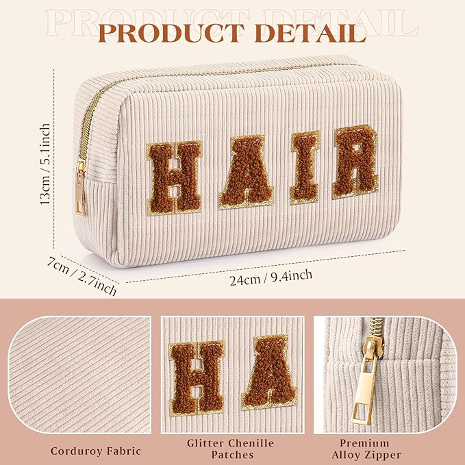 4 Pcs Preppy Patch Makeup Bag Corduroy Cosmetic Bag Makeup Accessories Skincare Pouch Chenille Letter Portable Zipper Face Pouch Cute Toiletry for Women Travel(Dark Color)