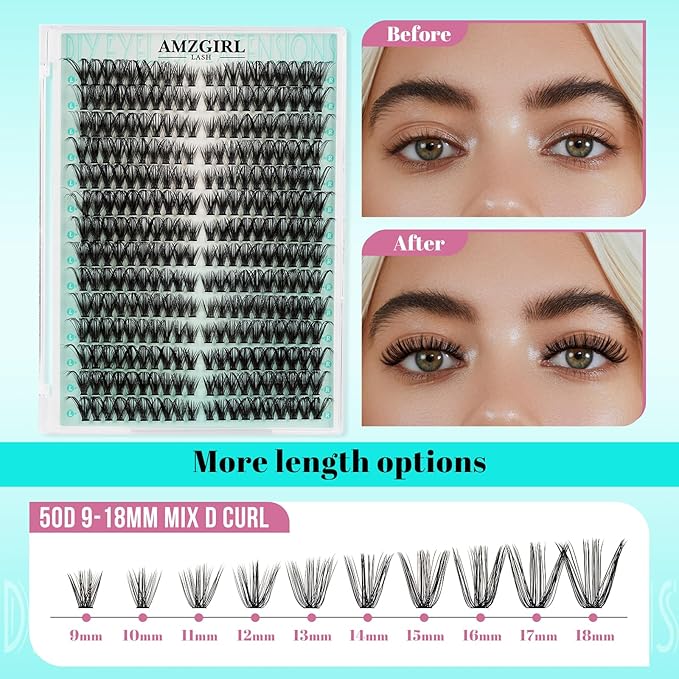 Lash Clusters Kit 280pcs Lashes extensxion Wispy Kit 50D D Curl with Bond&Seal Waterproof,Lashes Glue Remover,Lash Tweezers Tools for Eyelash Extension Kit(50D,9-18mmMIX Kit)