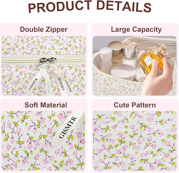 4Pcs Quilted Makeup Bag Set Cute Floral Cosmetic Bag Cotton Coquette Make up Bag Aesthetic Travel Toiletry Bag for Women Girls